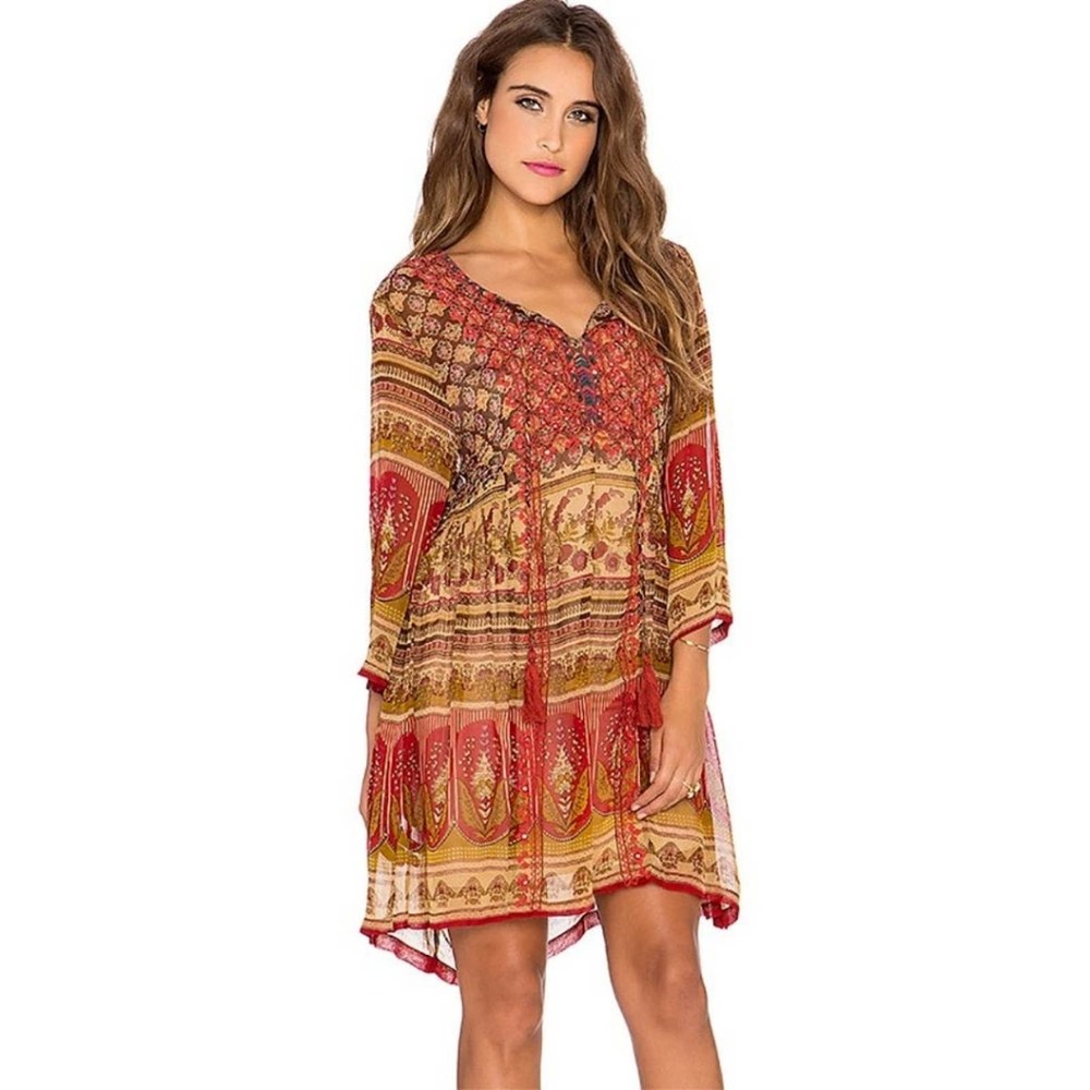 Anthropologie Raga Red Brown Paisley Floral Sheer Tunic Mini Dress Sz S